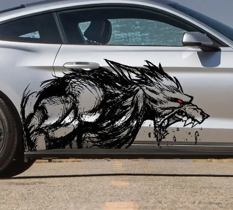 Pasuje do Mustang F-150 Ranger Coyote Wolf Tattoo Grunge Design Tribal Door Bed Side Pickup Vehicle Truck Car Vinyl Graphic Decal Sti — 2