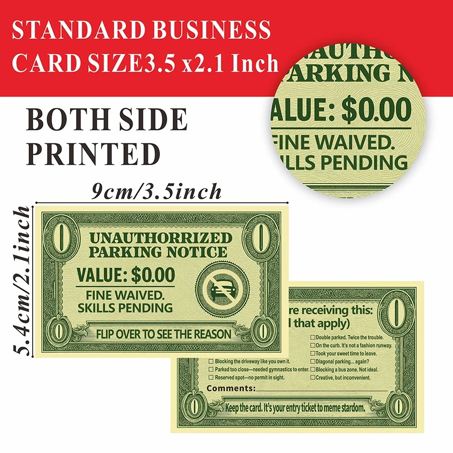 Funny Parking Violation Cards - 100Pcs Green Joke Tickets, Double-Sided Prank Notes with Check-Off Reasons for Drivers, Office U