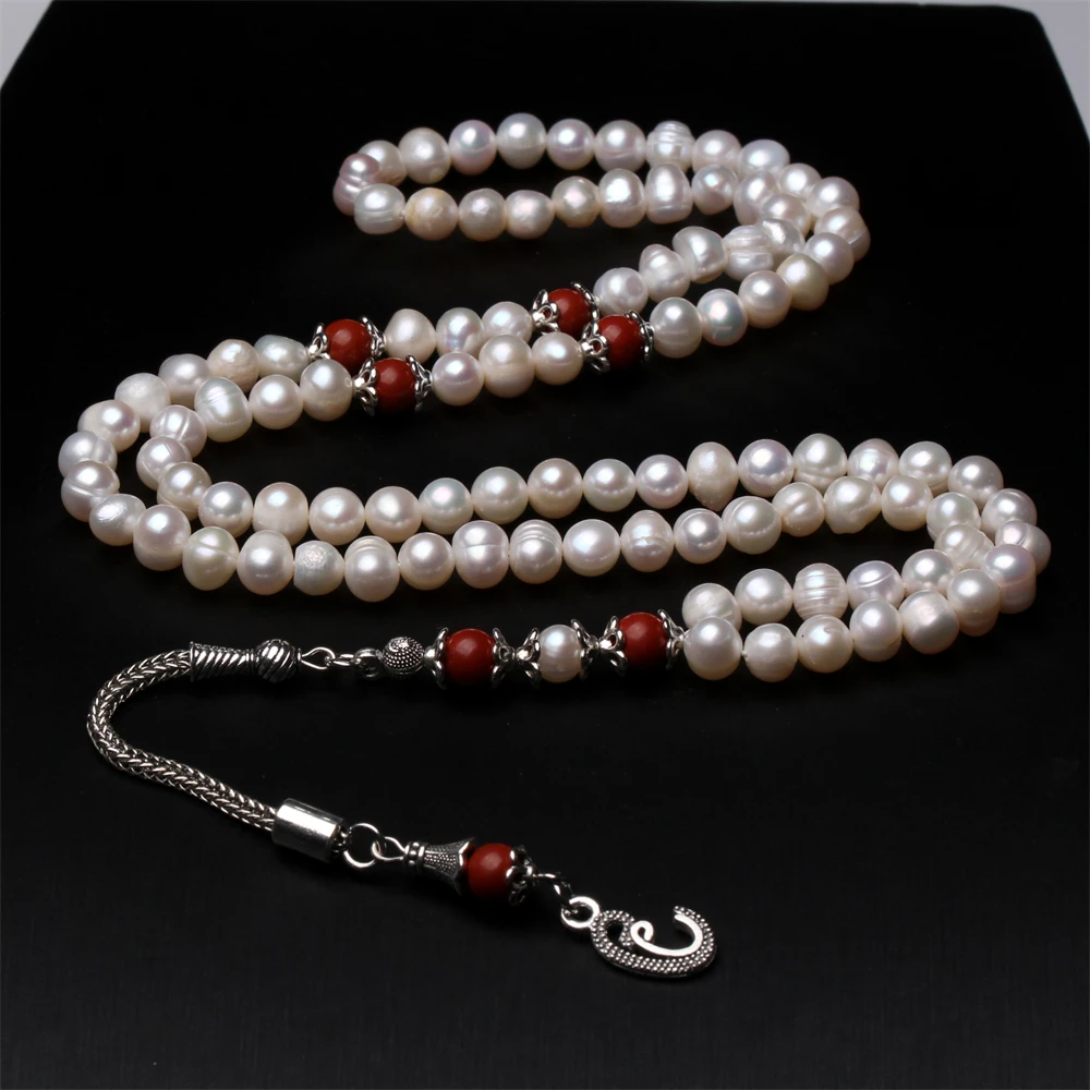 

Natural Pearl Tasbih Muslim 99 prayer beads size 6-7mm Islamic jewelry red jasper misbaha arabic gift islamic rosary mesbaha