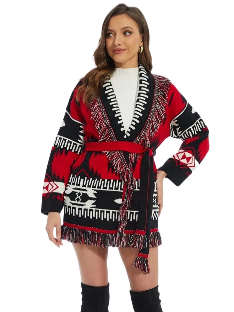 Designer Inspired Winter Women's Cashreme Wool Jacquard Print Fringed RED&Black Bohemian Belted Cardigan With Long Sleeve Coat