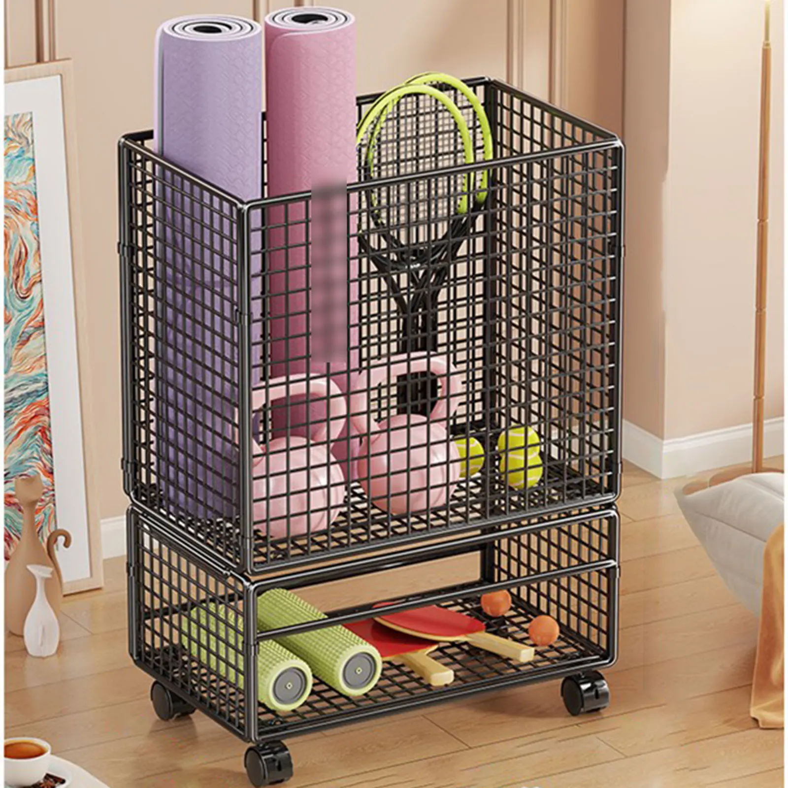 

Стеллаж для хранения коврика для йоги на колесиках, держатель для тренажерного зала с колесами, многофункциональная тележка, органайзер для тренировок для занятий спортом