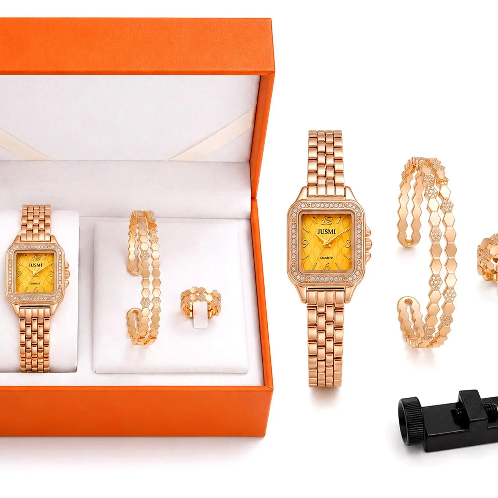 Quarzuhr Geschenk für Damen,Damenuhr Damen Schmuckset mit Armband & Ring (elegantes 3-teiliges Schmuck Set für Frauen mit Geschenkbox und Uhrenarmband-Kürzer, Geburtstag, Weihnachten, Valentinstag)