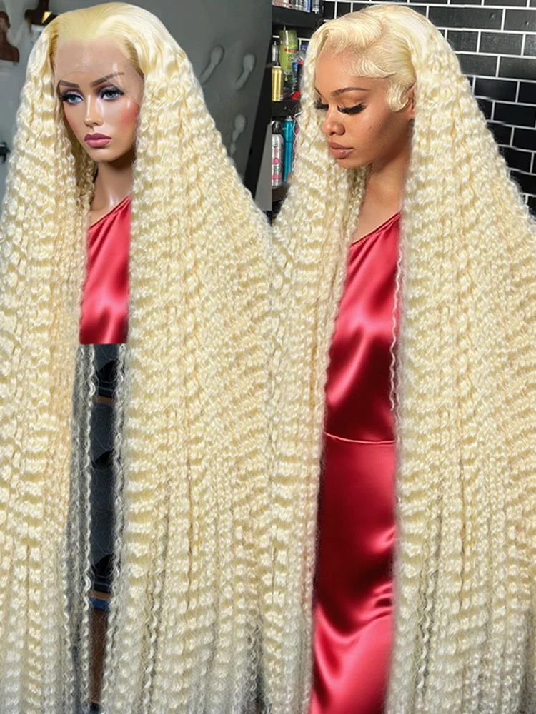 34 pulgadas, 613 13x4 onda profunda) 613 13x4 HD Rubio frente de encaje pelucas de encaje profundo cabello humano encaje transparente prearrancado 200% de densidad