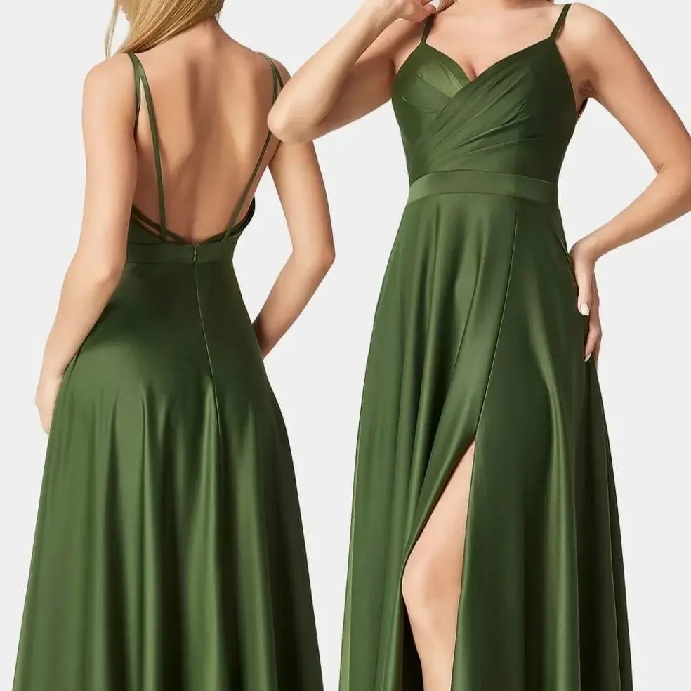 Vestido largo de satén con tirantes finos y escote en V para dama de honor, traje de noche Formal para boda, talla grande, ocasión especial, 2024