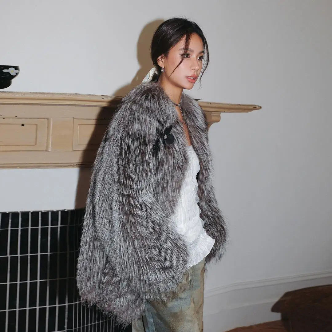 Mid-length Natural Silver Fox Fur Coat for Women Winter Outwear High Quality Genuine Leather Silver Fox Fur Jacket V-neck Woman