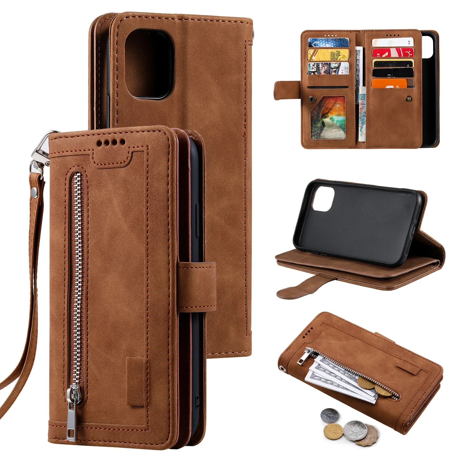 Multicard Solt Zipper Flip Leather Wallet Case dla iPhone 14 15 Pro Max 13 12 Mini 11 SE 2022 X 6 6s 7 8 Plus XR XS Book Cover — zdjęcie produktu 7