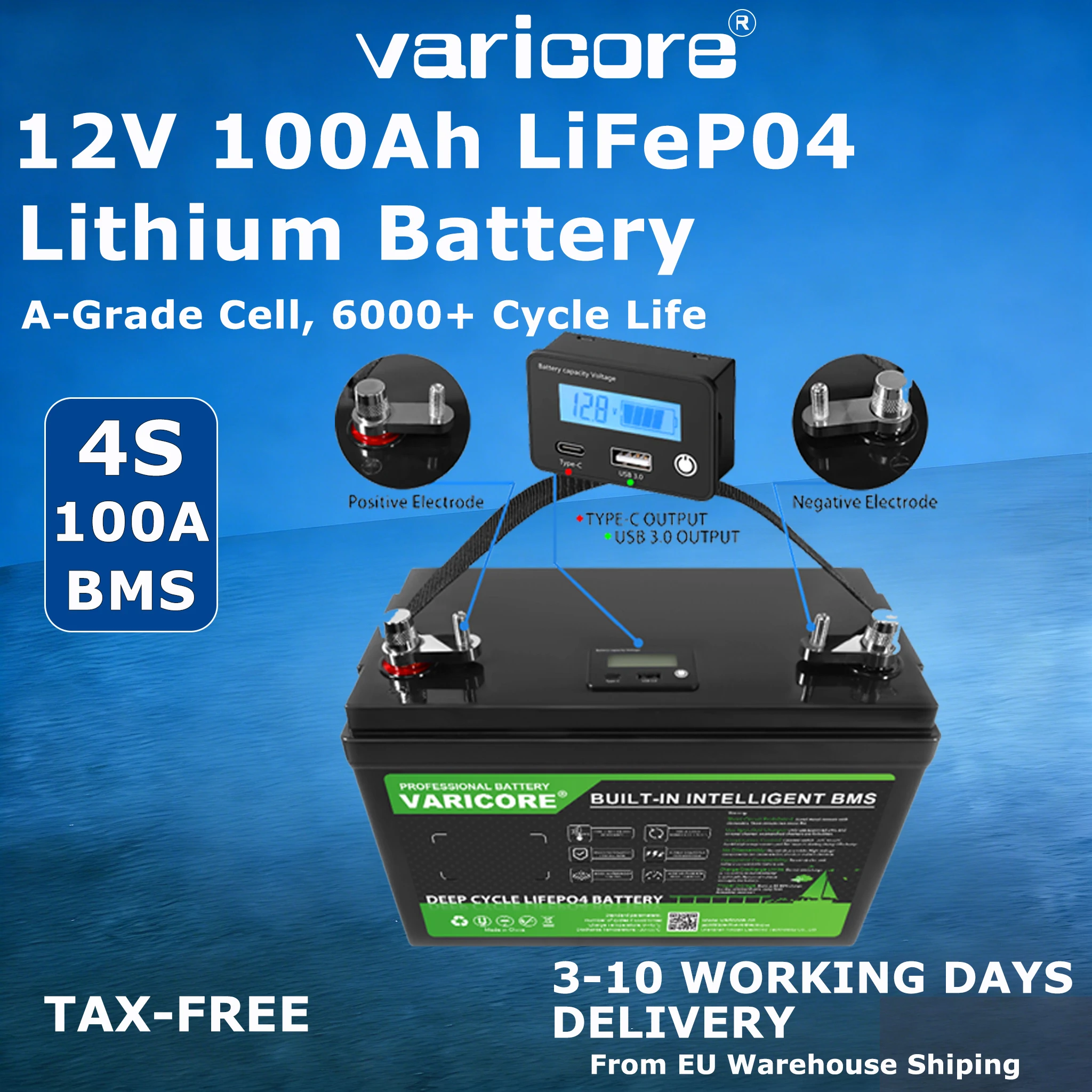 VariCore 12V/12.8V 100AH ​​LCD LiFePO4 Batterijpakket 4 String Lithiumbatterijen voor Golfkar RV Touring Car Solar 14.6V Oplader