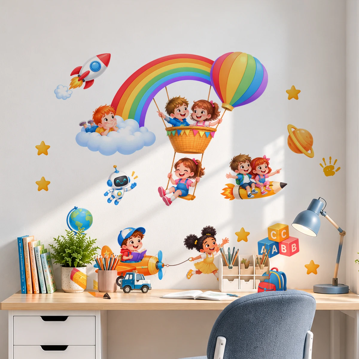 Rainbow Hot Air Balloon Wall Sticker Rocket Robot Airplane Wall Decal Playroom Bedroom Learning Room Decor