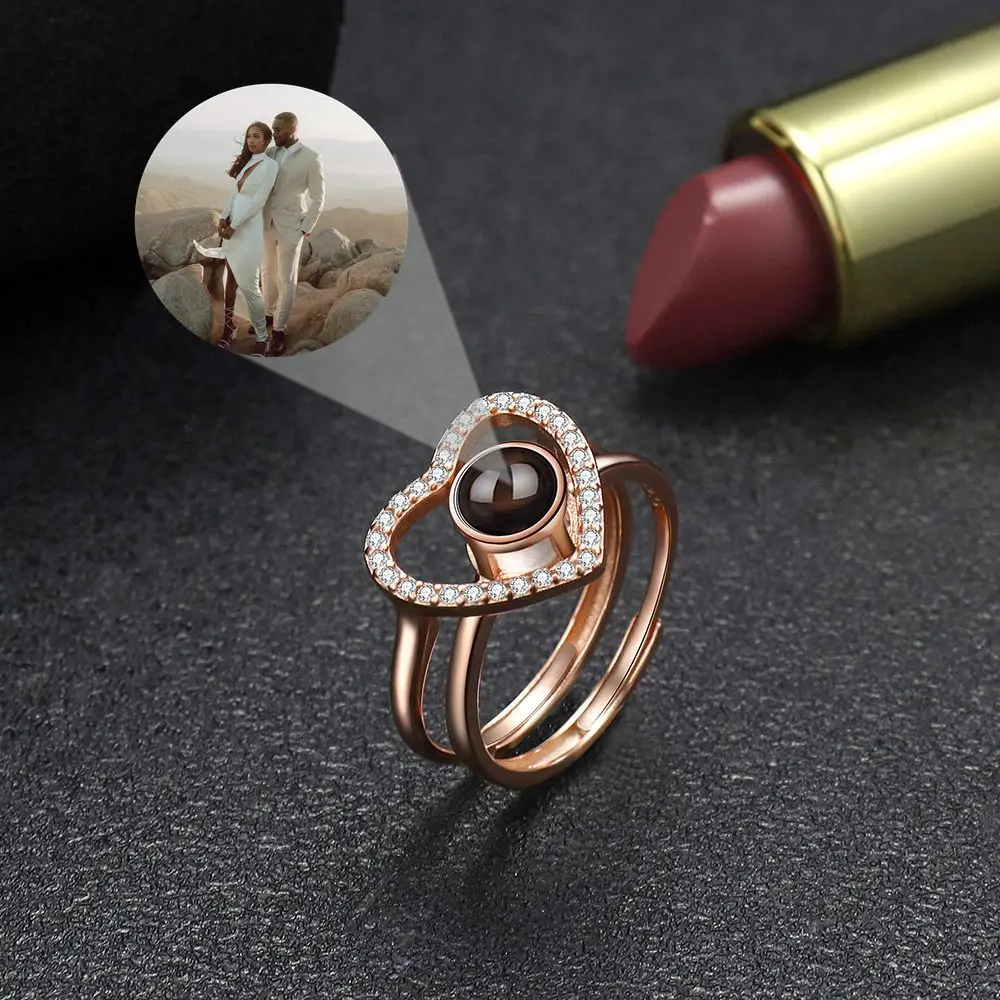 Custom Photo Rings Projection Photo 925 Sterling Silver Heart Pendent Rings for Women Men Simple Finger Fashion Couple Gift