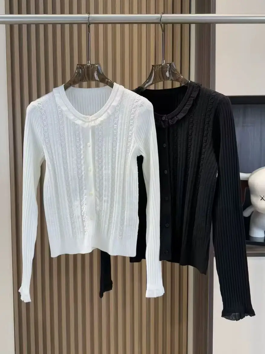 

Elegant round neck long sleeve hollow knit cardigan