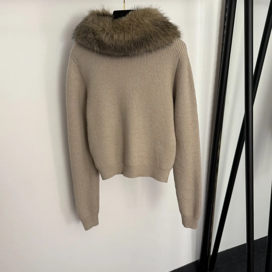 

25 autumn/winter new fur collar long sleeved knitted cardigan jacket for women's trendy casual sweater