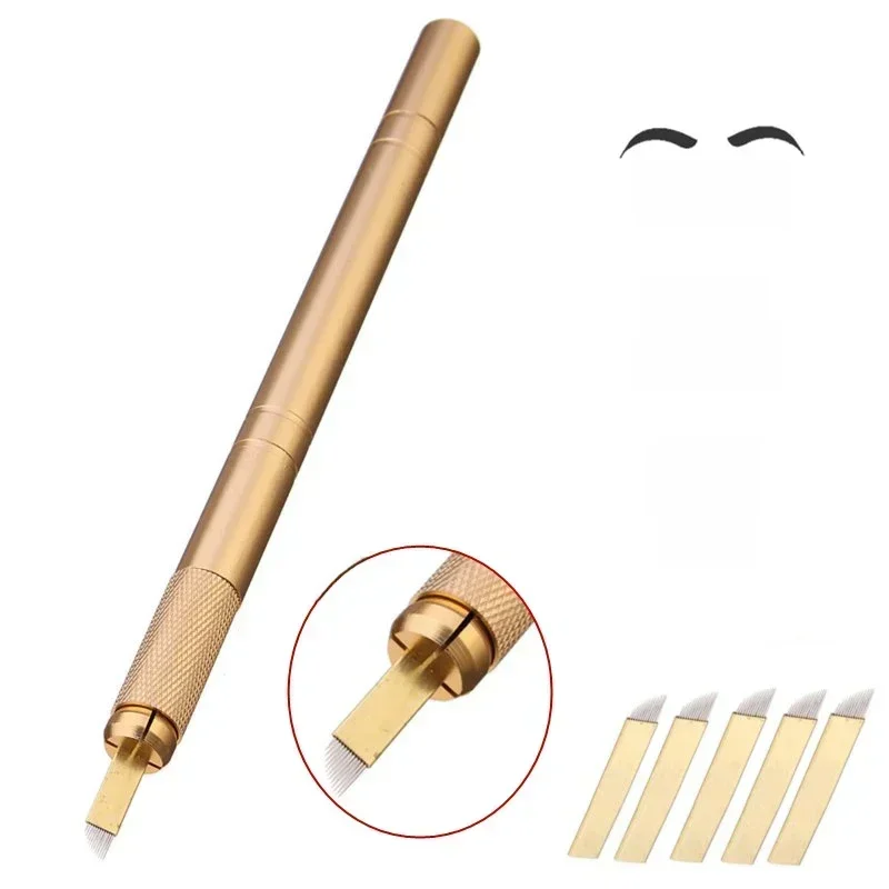 Caneta de tatuagem 3d tebori dourada + 5 peças 12 pinos microblading tatuagens agulhas manual de
