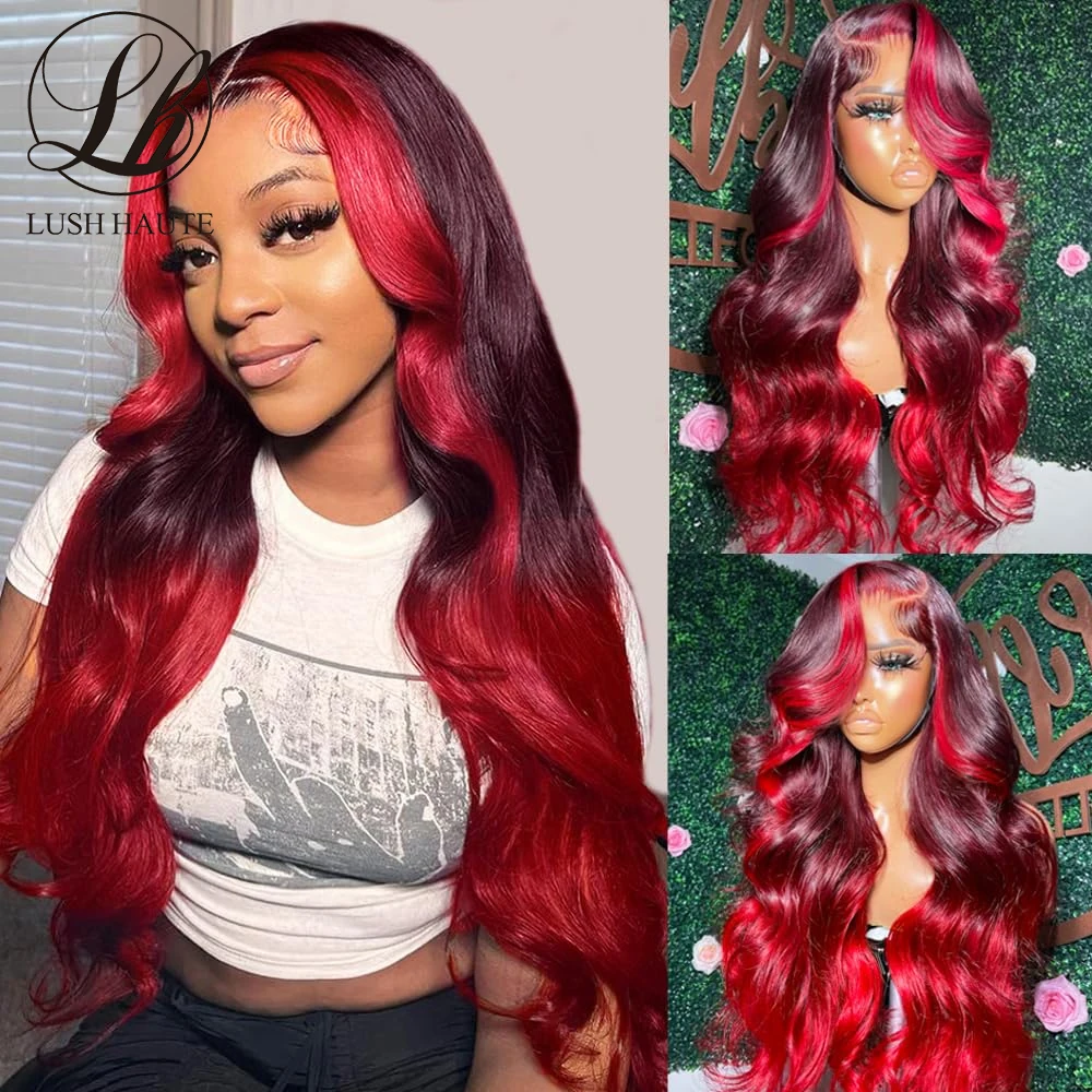 

Ombre Red With Burgundy Body Wave Lace Front Wig for Black Women Synthetic Highlight Blue Color Hair Pre plucked With Baby Hair