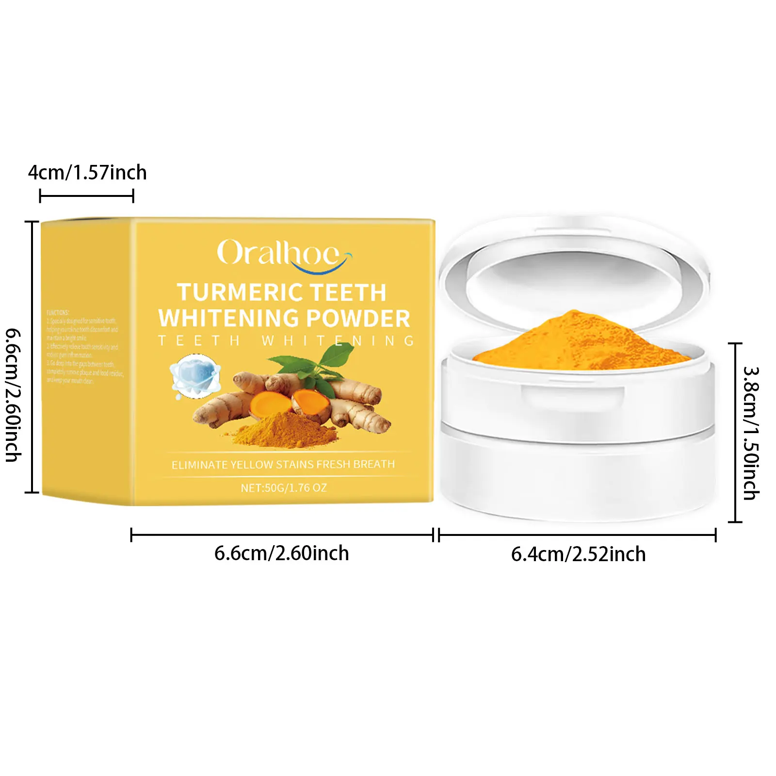 Oralhoe 50g cúrcuma dentes limpeza em pó remover mancha tártaro iluminar dentes amarelos hálito fresco dentes branqueamento creme dental