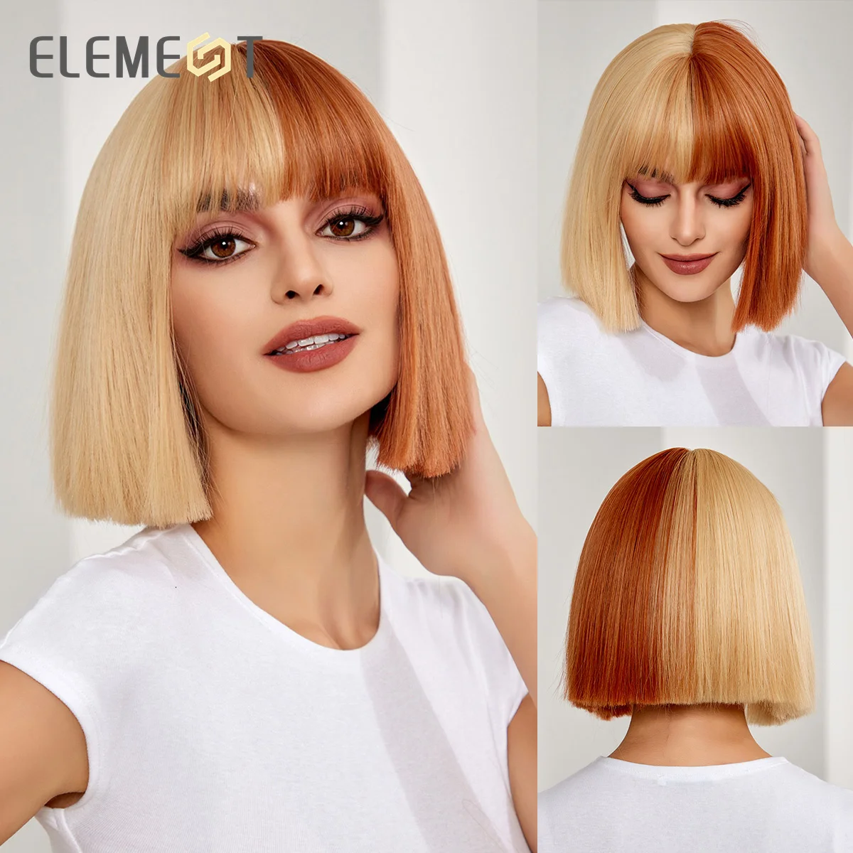 

ELEMENT Synthetic Short Bob Wigs for Women Half Yellow Blonde Mixed Half Orange Wig with Bangs Daily Party Hair Heat Resistant