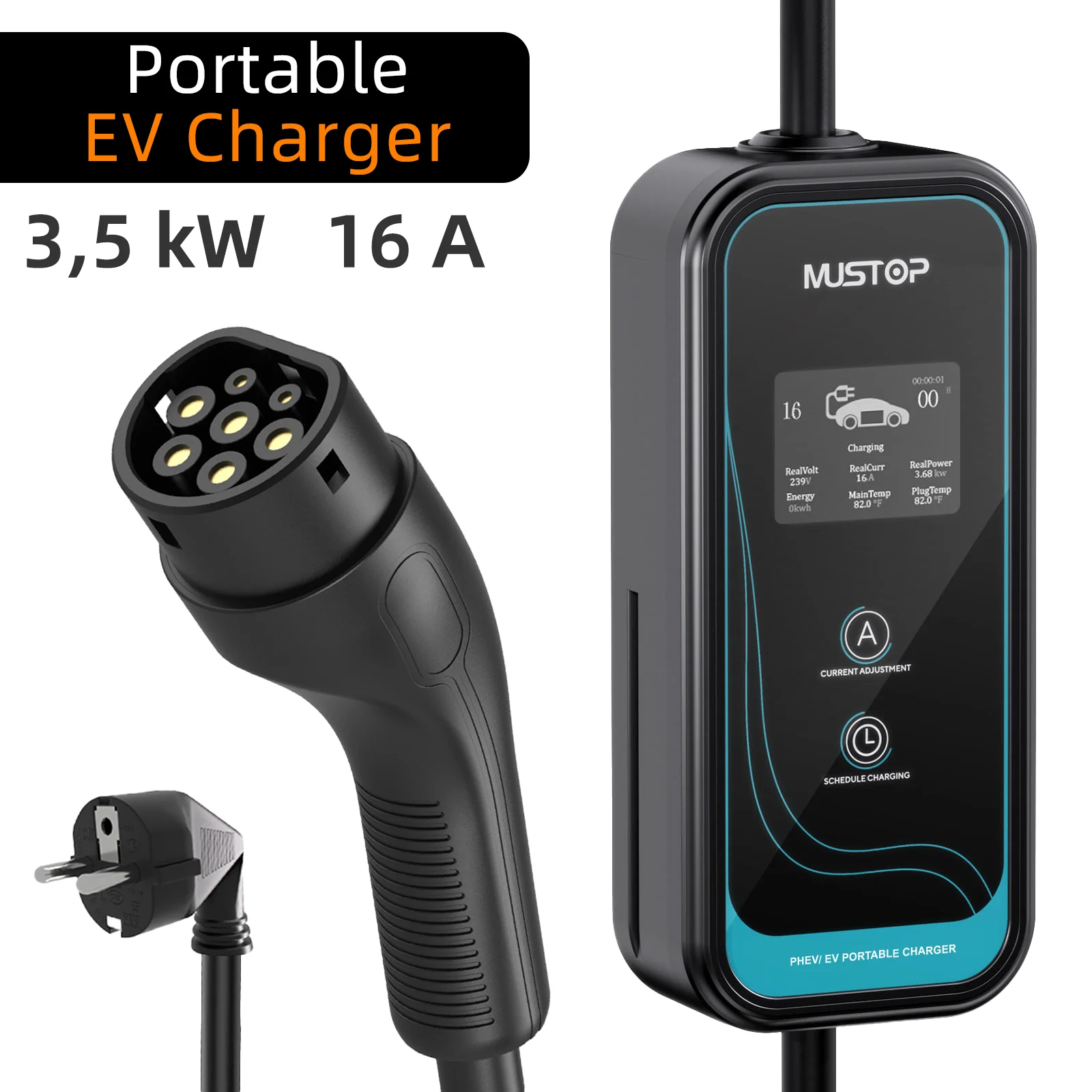 

MUSTOP EV Portable Charger Type2 Plug Connector 16A 1Phase 3.5KW 3.5m Car Wallbox Charging Station for Electric Vehicle