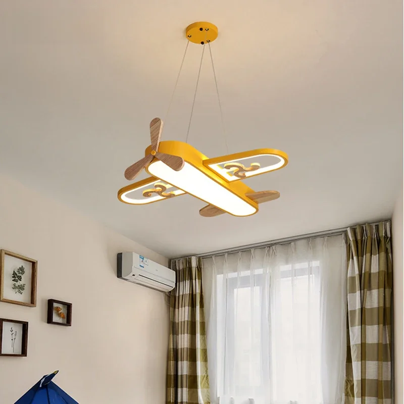Vliegtuig Lichtroze Geel Blauw Vliegtuig Hanglampen Hout Metalen Schansen Kids Slaapkamer Hangende Plafondlampen Kleuter School Led - afbeelding 2