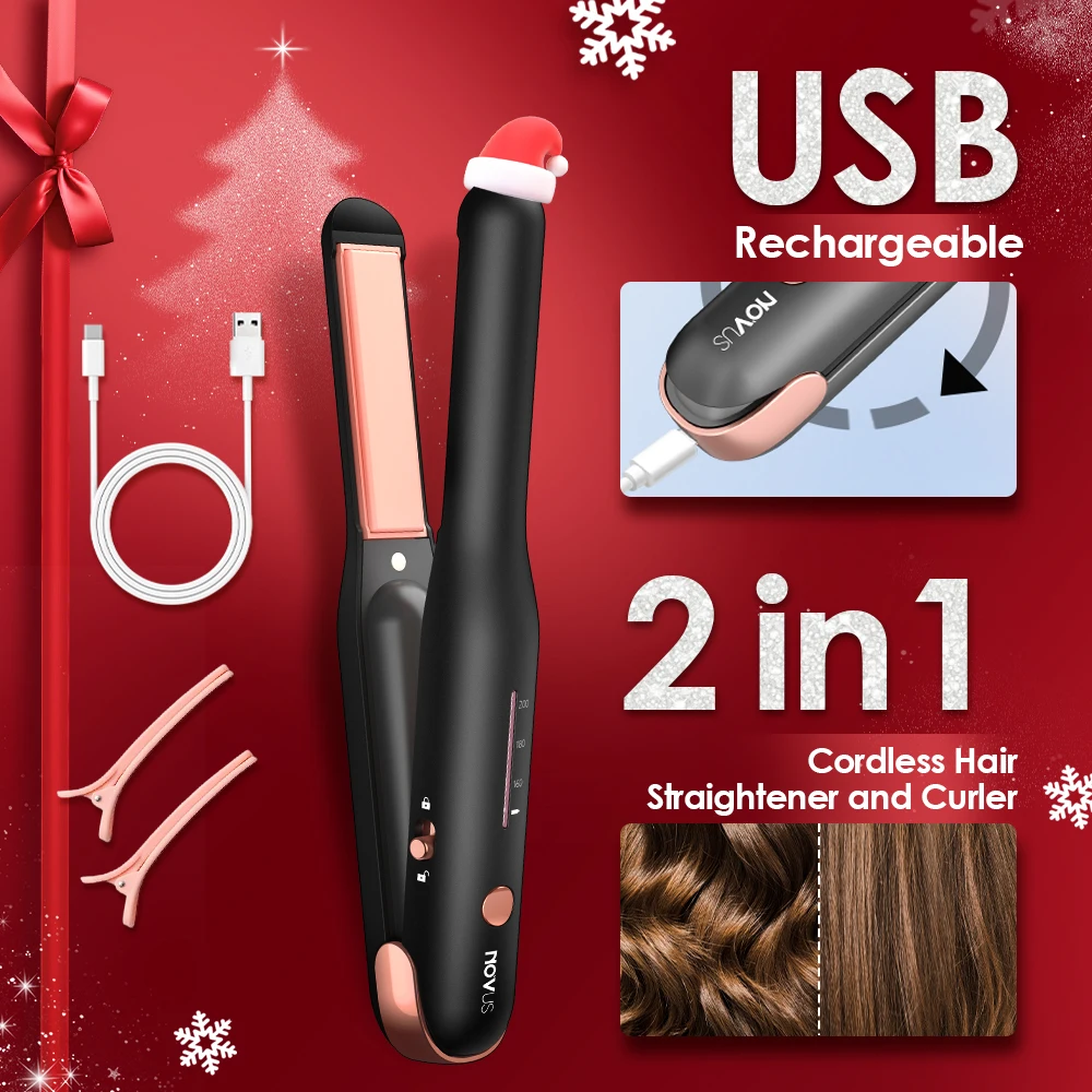 NOVUS Cordless Hair Straightener and Curler 2 in 1 USB Mini Ceramic Fast Heating Portable Hair Straightener for New Year Gift