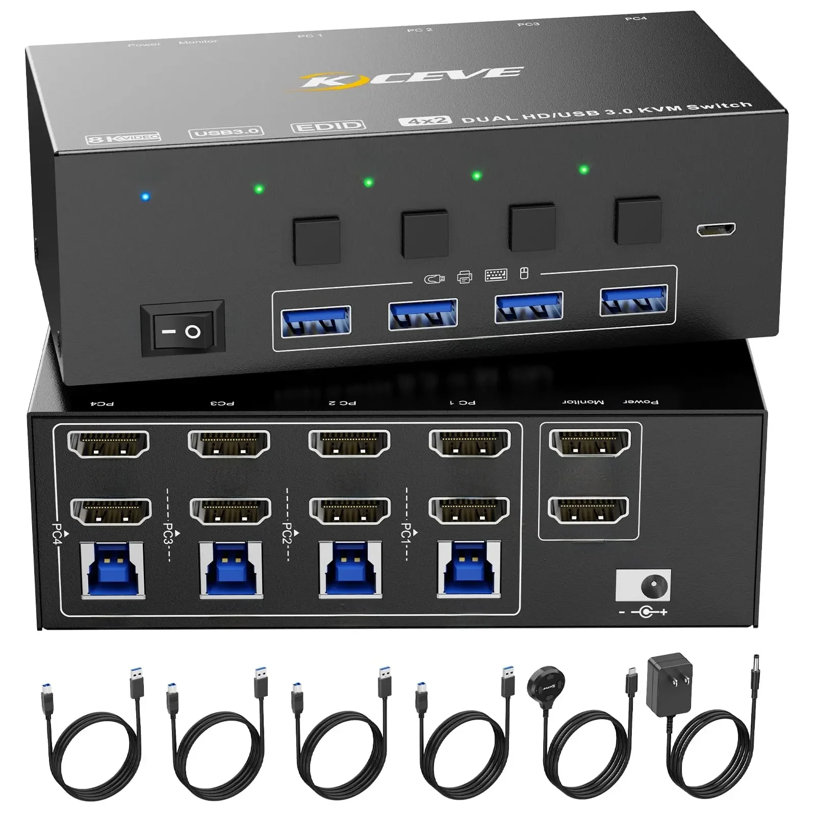 Przełącznik KVM 1/2 monitory 4 komputery HDMI, KCEVE 8K@60Hz 4K@144Hz USB3.0 Przełącznik KVM z emulatorem EDID dla 4 PC 1/2 monitorów — zdjęcie produktu 7