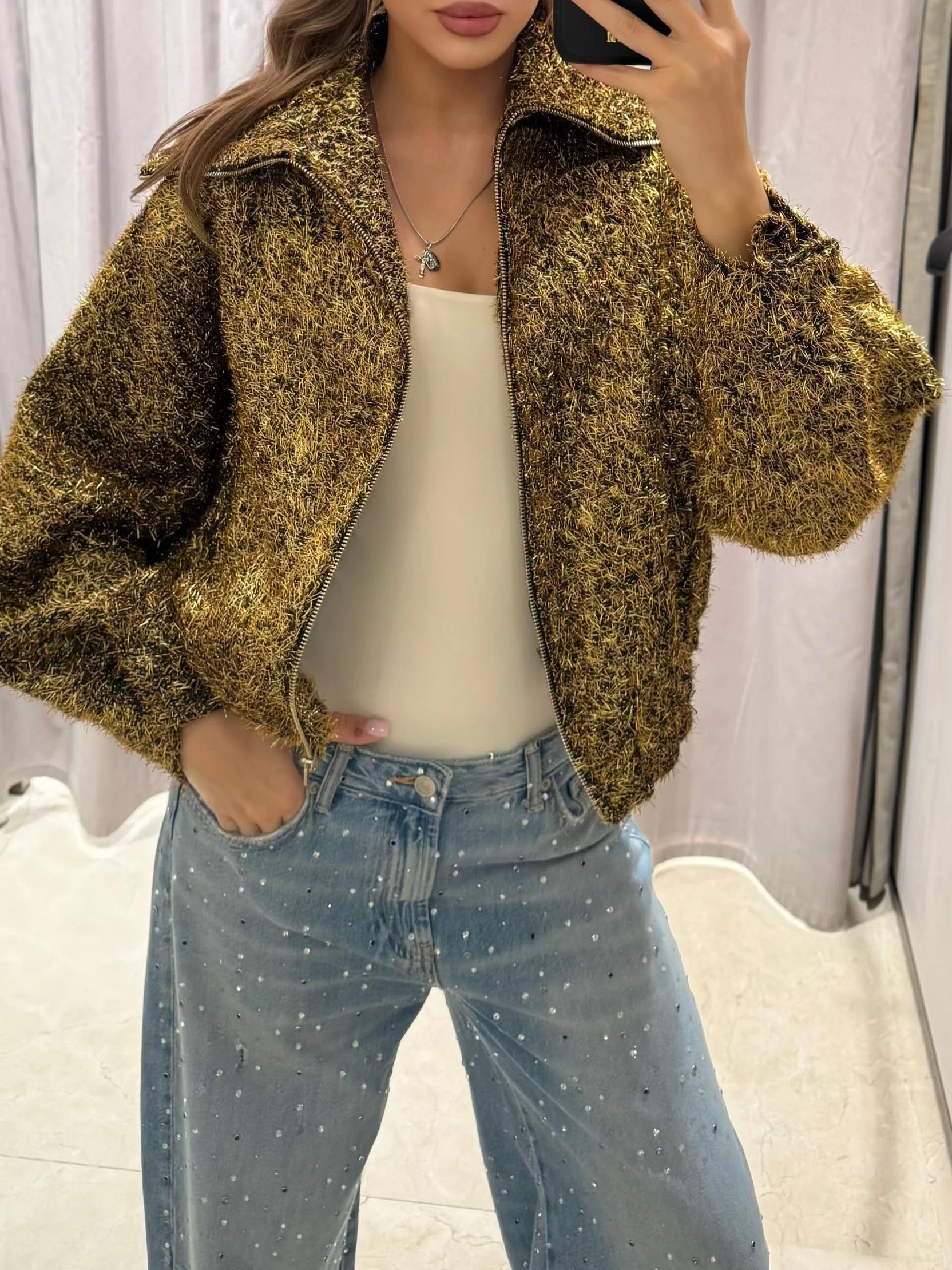 

Women's Retro Jacket, Autumn/Winter Fashionable Metallic Collar Long-Sleeved Coat, Women's Outerwear Fashionable Top