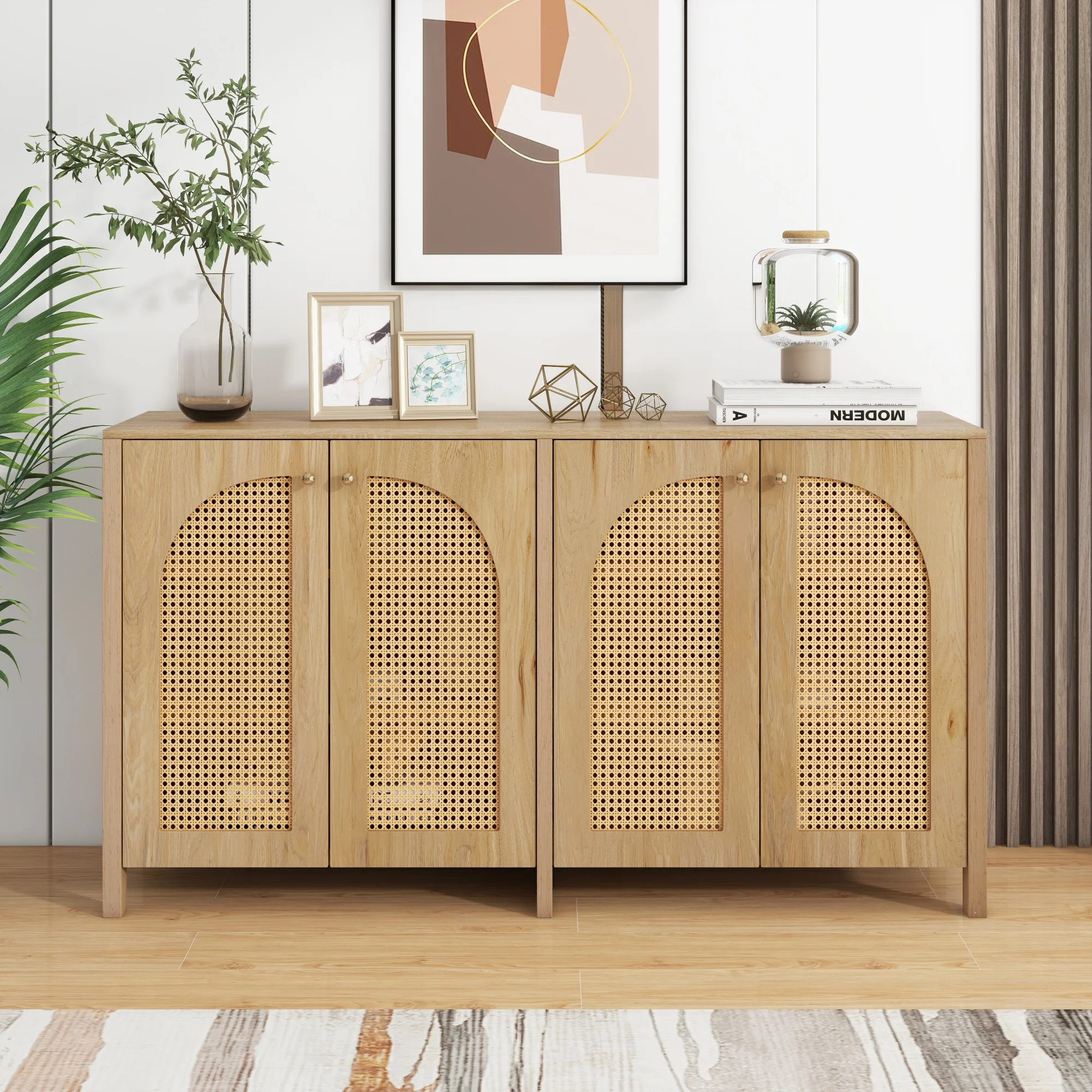 Buffet avec 4 portes en rotin et poignées métalliques, commode spacieuse, armoire en bois stable avec beaucoup d'espace de rangement