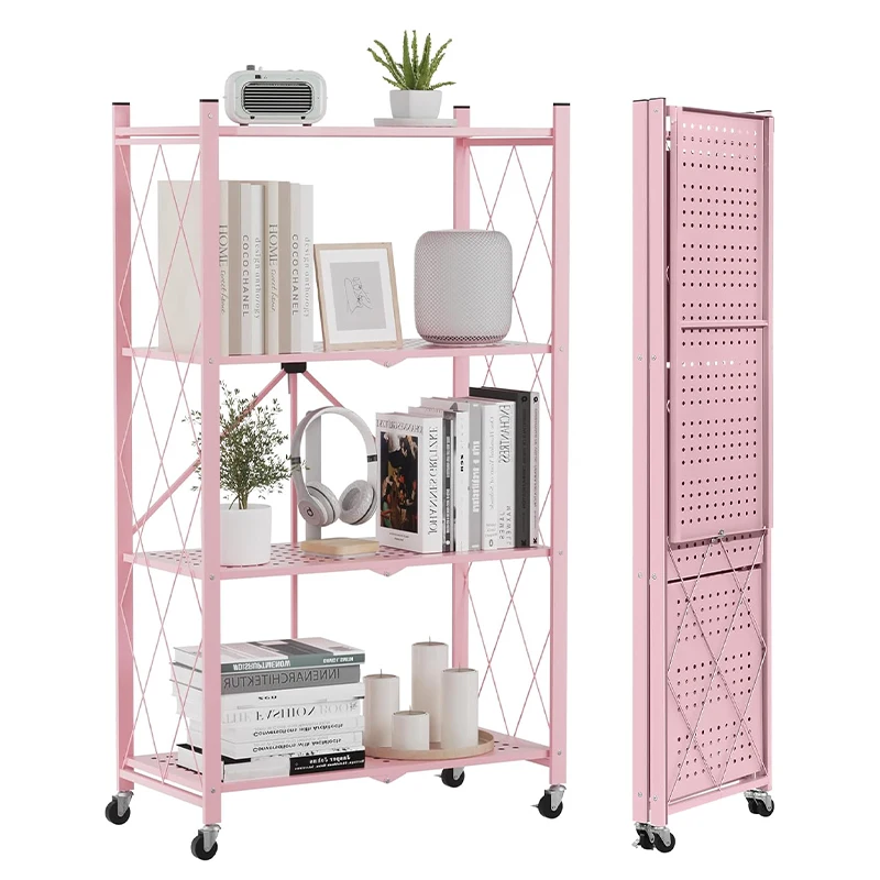 Collapsible 3/4/5-Tier Storage Rack on Wheels with Pegboard, Foldable Metal Mobile Shelving Unit, No Assembly Rolling Organizer Shelf, Multipurpose Display Cart for Books, Plants, Kitchen Supplies, Home & Garage Storage