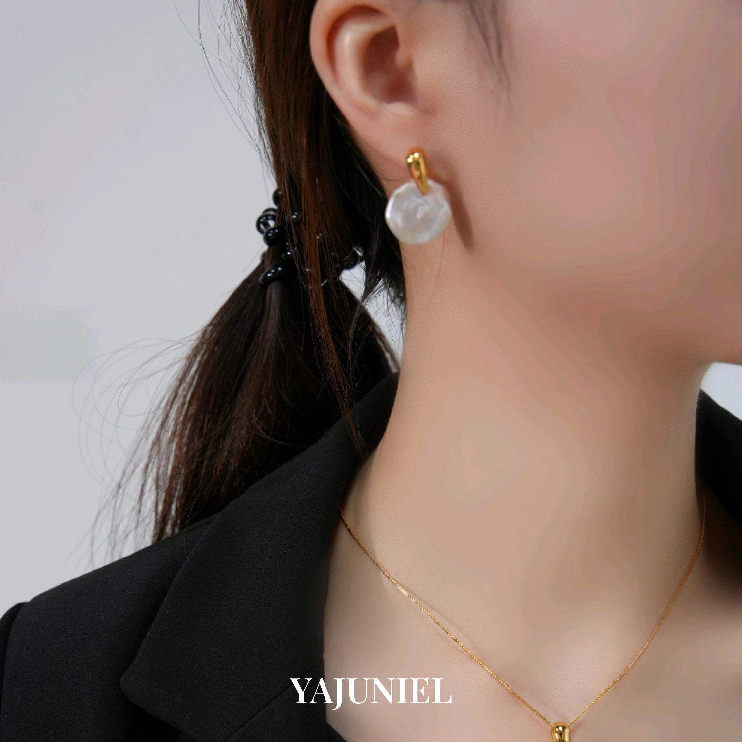 YAJUNIEL 24K Real Gold Plated Organic Flat Freshwater Pearl Stud Earrings for Women Hypoallergenic Irregular Pearl Post Earrings