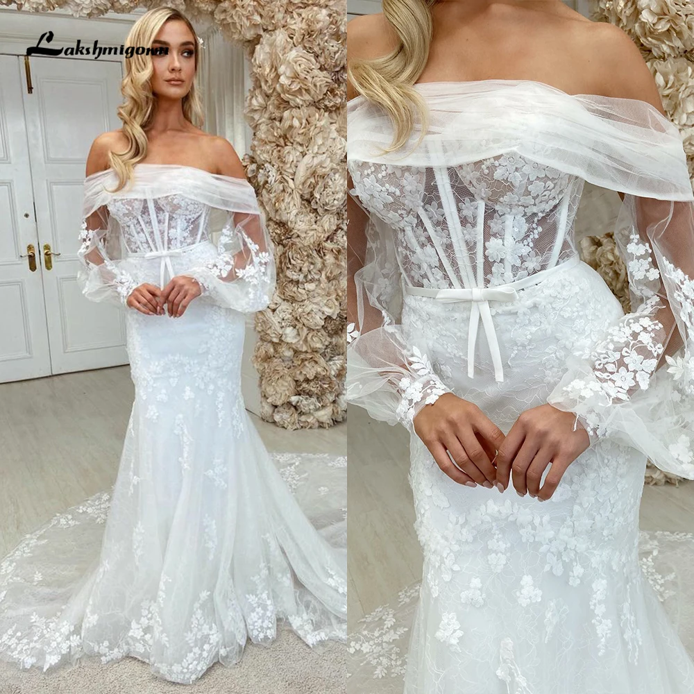 Vestido de noiva sexy sem alças para mulheres, manga longa, apliques de renda, trem de varredura, vestido de noiva personalizado