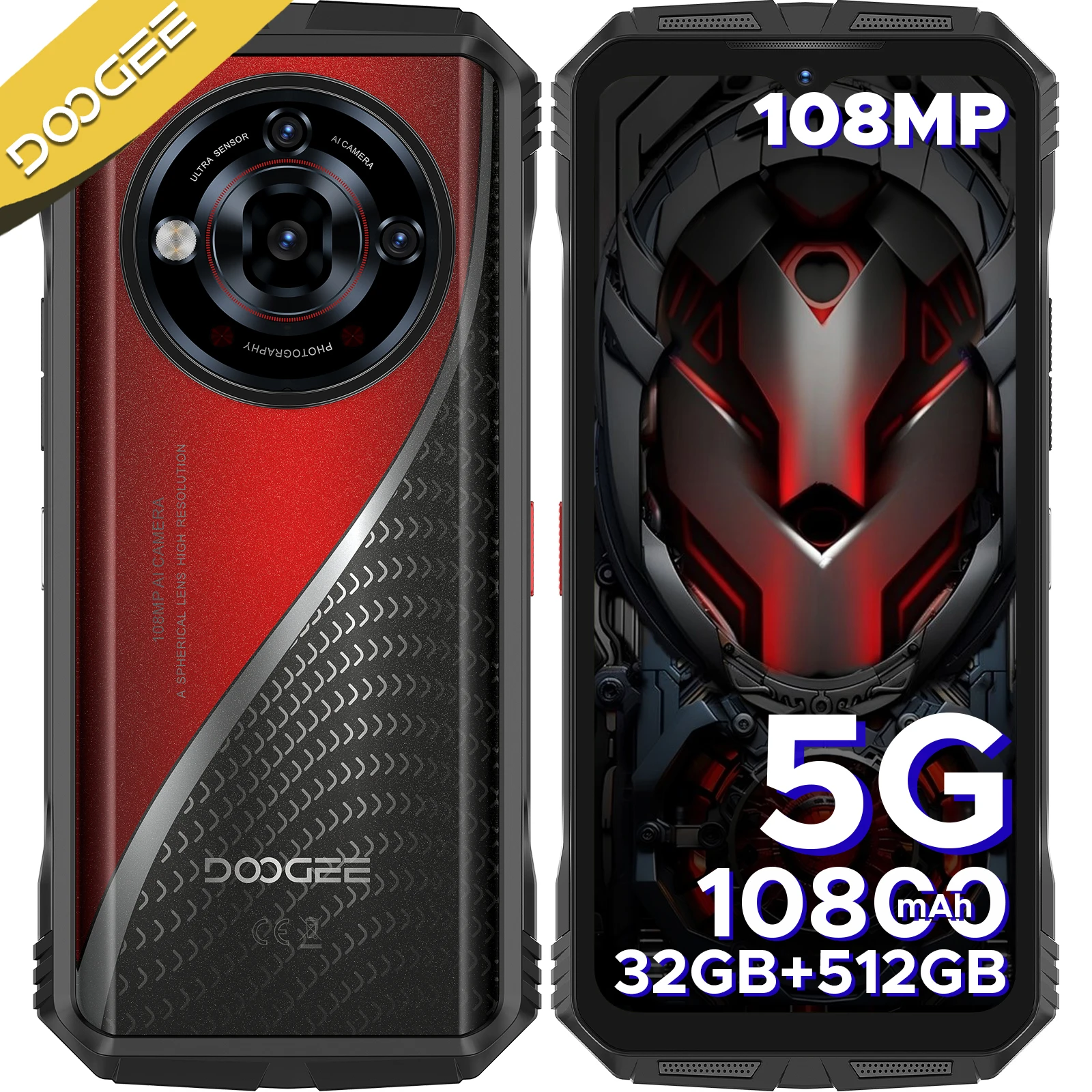 DOOGEE S118 Pro 5G Rugged Phone 6.6'' FHD+ 120Hz 8GB RAM+512GB ROM 10800mAh Battery 108MP+32MP Android 14 Cell Phone NFC Face ID