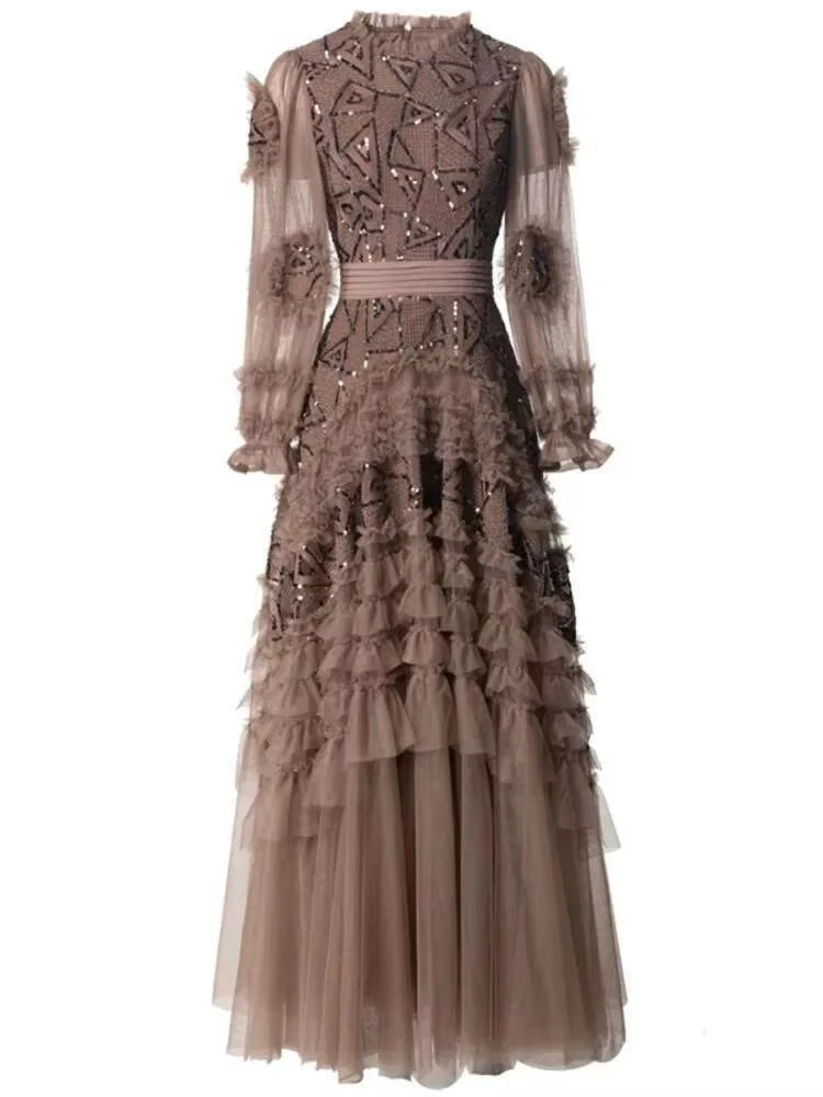 

Elegant Maxi Swing Dress Long Sleeve Mesh Sequin Ruffle Lace Women's Fashion TRAF ropa mujer vestidos evening patry dresses