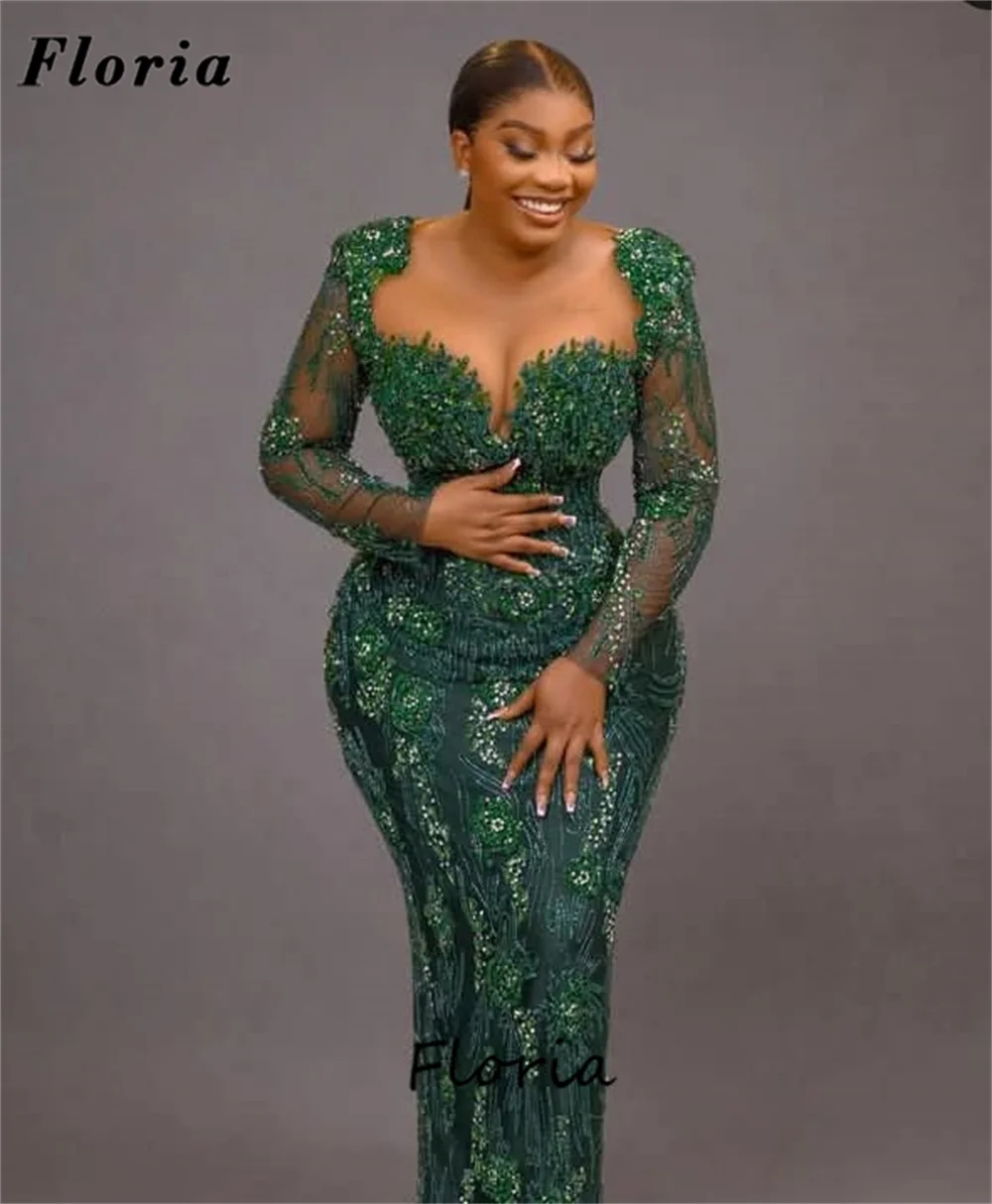 

Nigeria Green Long Sleeves Celebrity Dresses African Black Girls Mermaid Evening Dress Beaded Wedding Party Gowns Customized