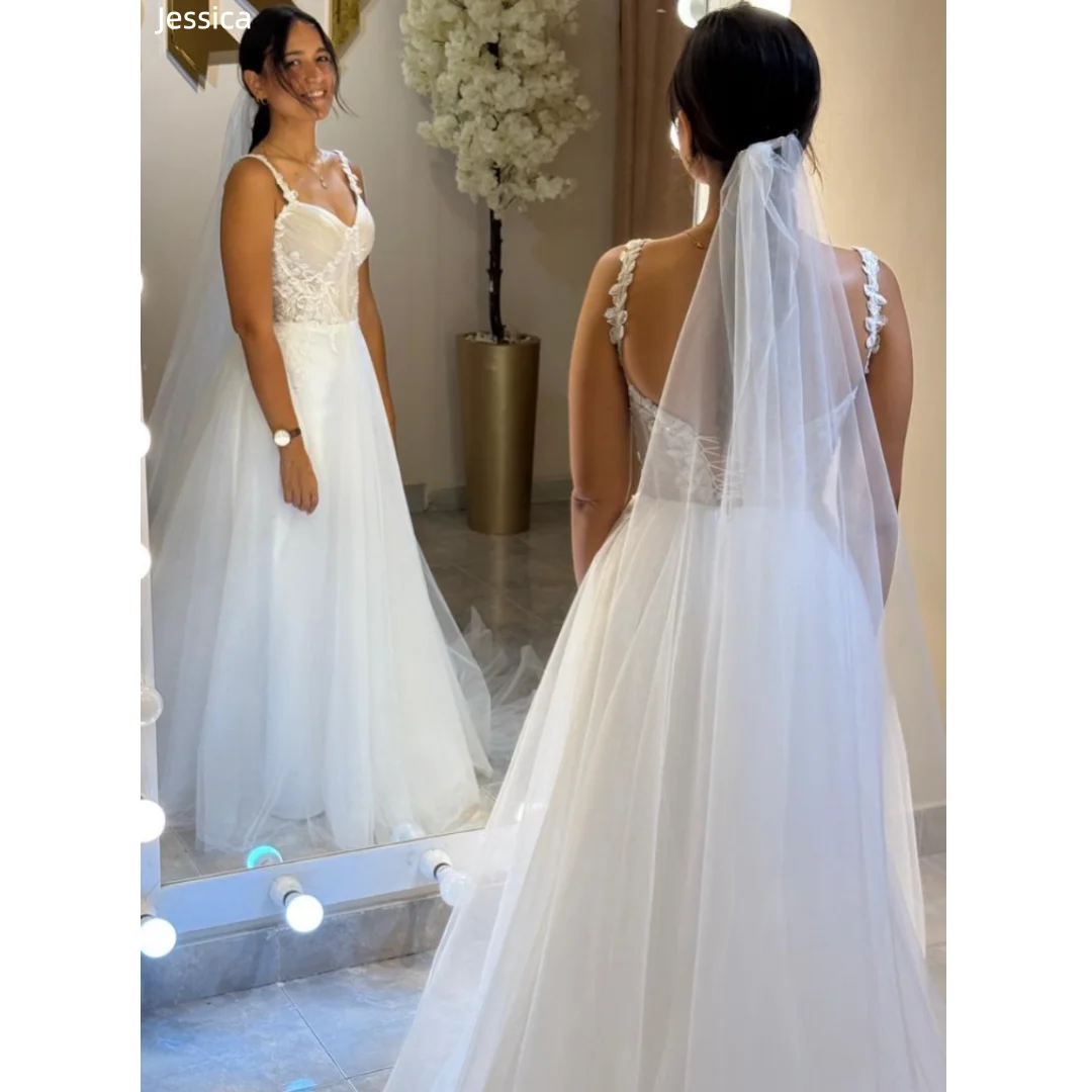 

Jessica Sweet White Evening Dresses Lace Embroidery Tulle Prom Dresses A-line Corset Party Dresses Vestidos De Gala