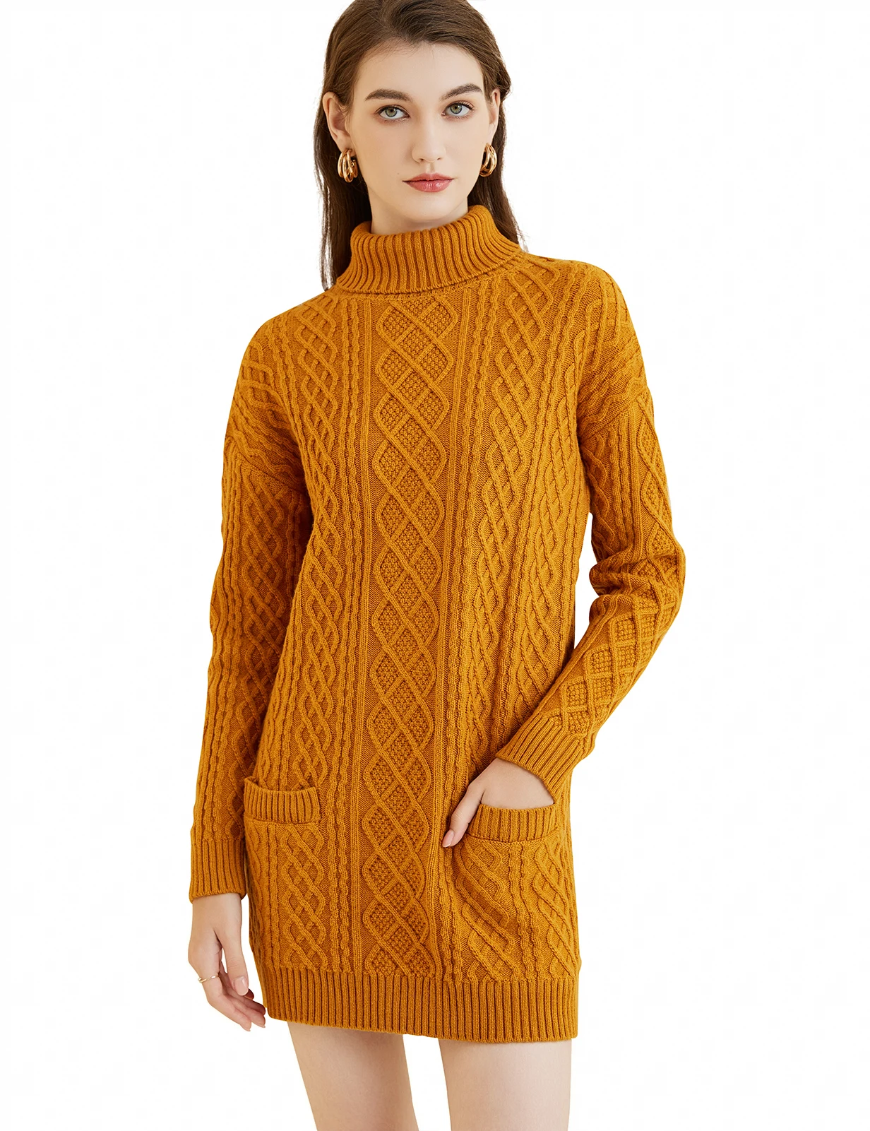 Women\'s Turtleneck Wool Sweater Dress 2023 Fall Winter Warm Long Sleeve Top Knitted Vintage Cable Long Sweaters Women\'s Clothing