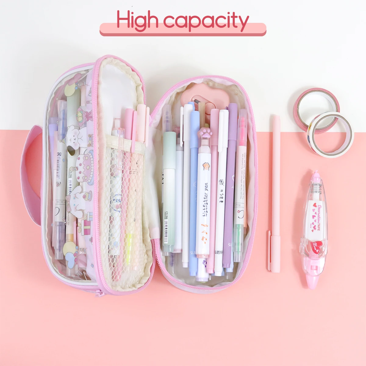 Astuccio Kawaii portapenne coreano a doppio strato di grande capacità utile organizzatore di cancelleria forniture scolastiche per ragazze