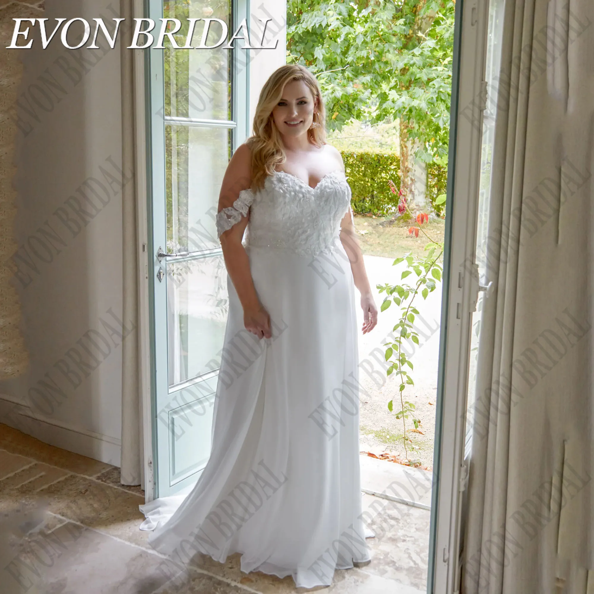 

EVON BRIDAL Chiffon Plus Size Wedding Dress 2025 Bride Off Shoulder Civil Bridal Gowns Applique Lace Sweetheart Wedding Gown