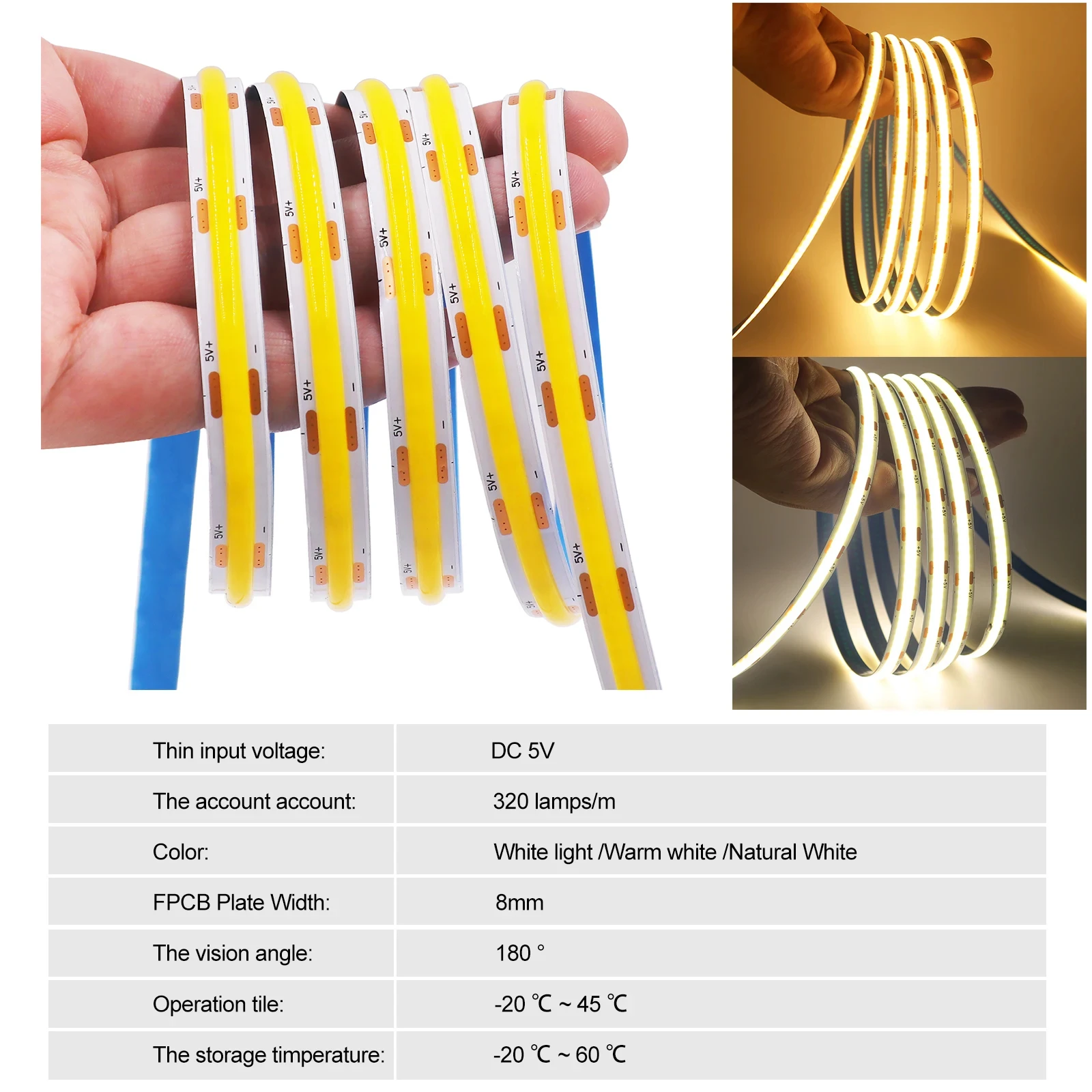 5V USB Switch Touch Dimmable COB Light Strip, Multiple Light Strips Connectable, 320 LEDs, 3000K-6000K, Home Decor Cabinet Light