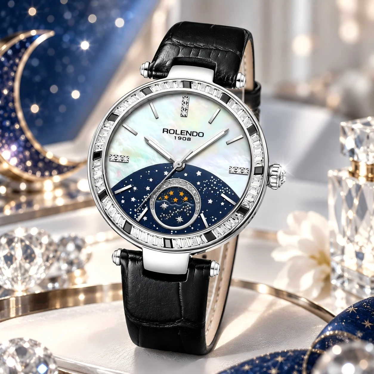 ROLENDO Luxury Automatic Mechanical Watch Women Starry Dial 50M Waterproof Leather Strap Elegant Wristwatch Gift for Women