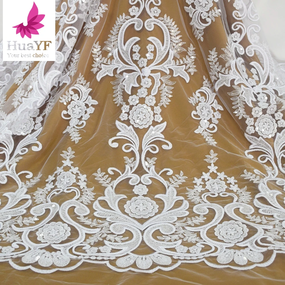 1 Yard Elegant French Pure White High Quality Embroidery Sequins Lace Wedding Bridal Dress Fabric HY1534-1