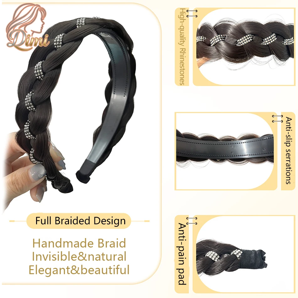 Elegant Braided Synthetic Twist Braided Hairband with Rhinestones Fashion Hand-woven Headband Hair Accessories for Lazy Girls