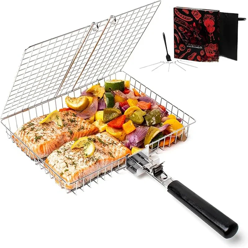 Panier de gril pliable et Portable en acier inoxydable, panier de barbecue avec poignée pour poisson, légumes, crevettes, accessoires de cuisine