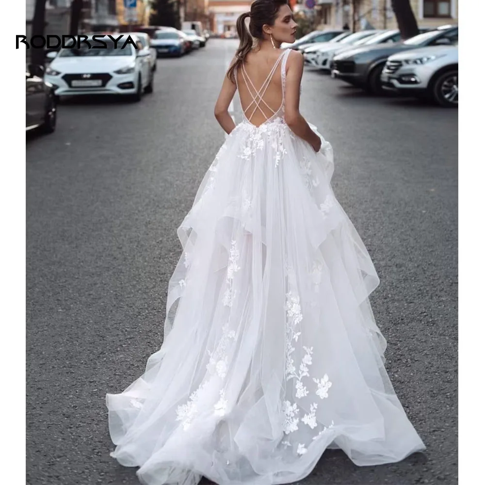 RODDRSYA Boho Gaun Pengantin Elegan untuk Wanita 2023 V-Neck Appliques Backless Criss-cross Gaun Pengantin Vestidos De Novia Dibuat Sesuai Pesanan