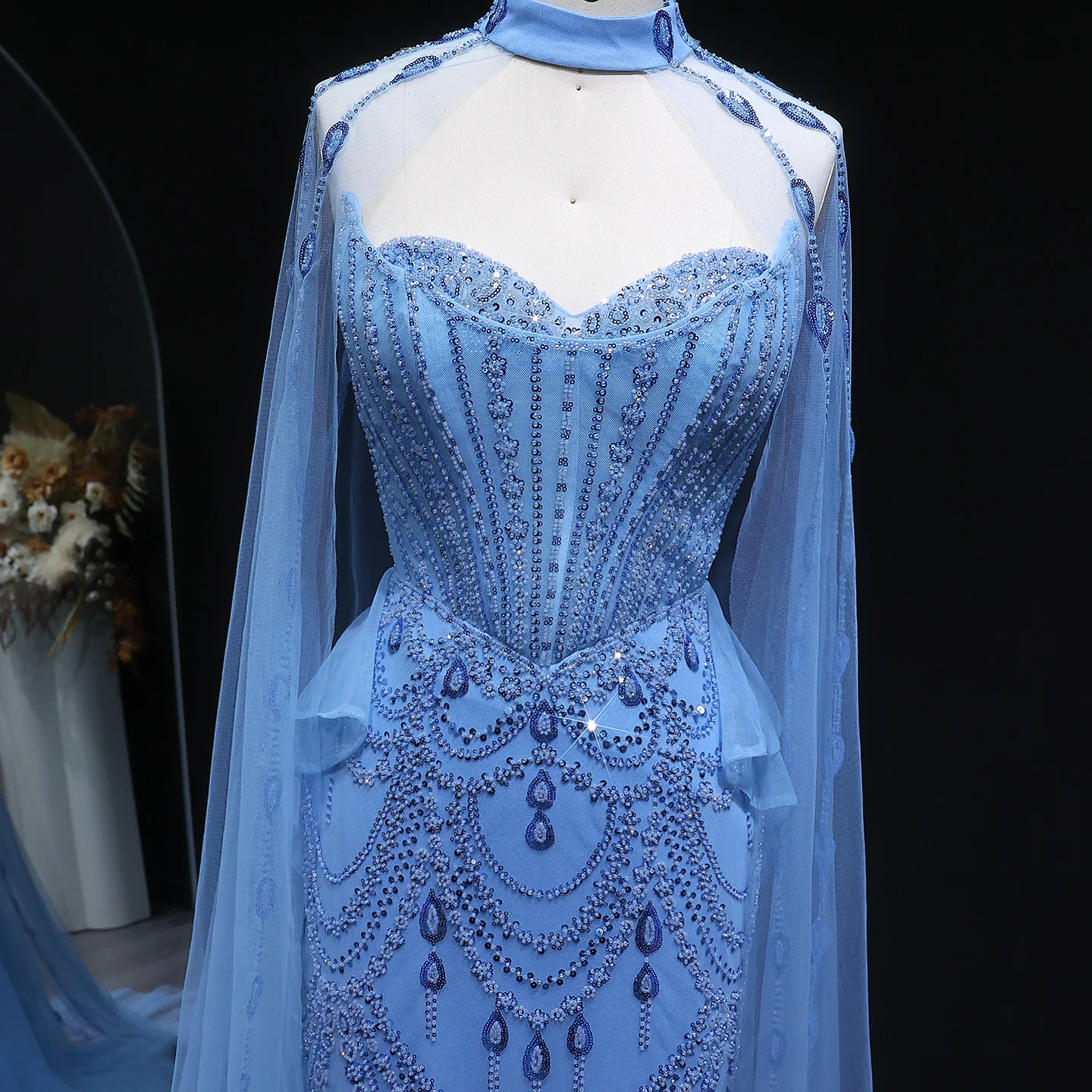 Sharon Said Luxuriöses Dubai Blaues Sweetheart-Abendkleid mit Cape-Ärmeln Arabische Damen Hochzeitsfeier Ballkleider SS092 Maßanfertigung – Detail 8