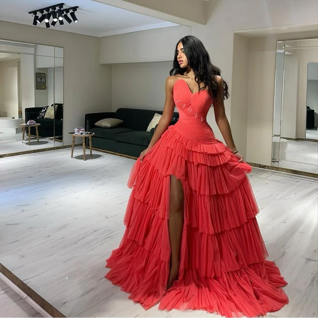 

Fairytale V-Neck Prom Dresses Sleeveless High Fork Floor-Length Red Layered Wedding Party Zipper Up Tulle Stain 2023