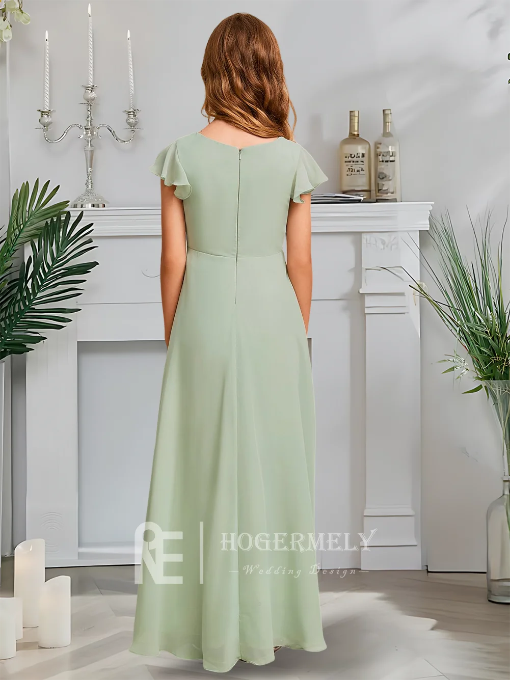 

A V-Neck Junior Bridesmaid Dress Misty Celadon Flower Girl Dress Asymmetrical Kids Chiffon A-Line Spring Soiree Wedding Party