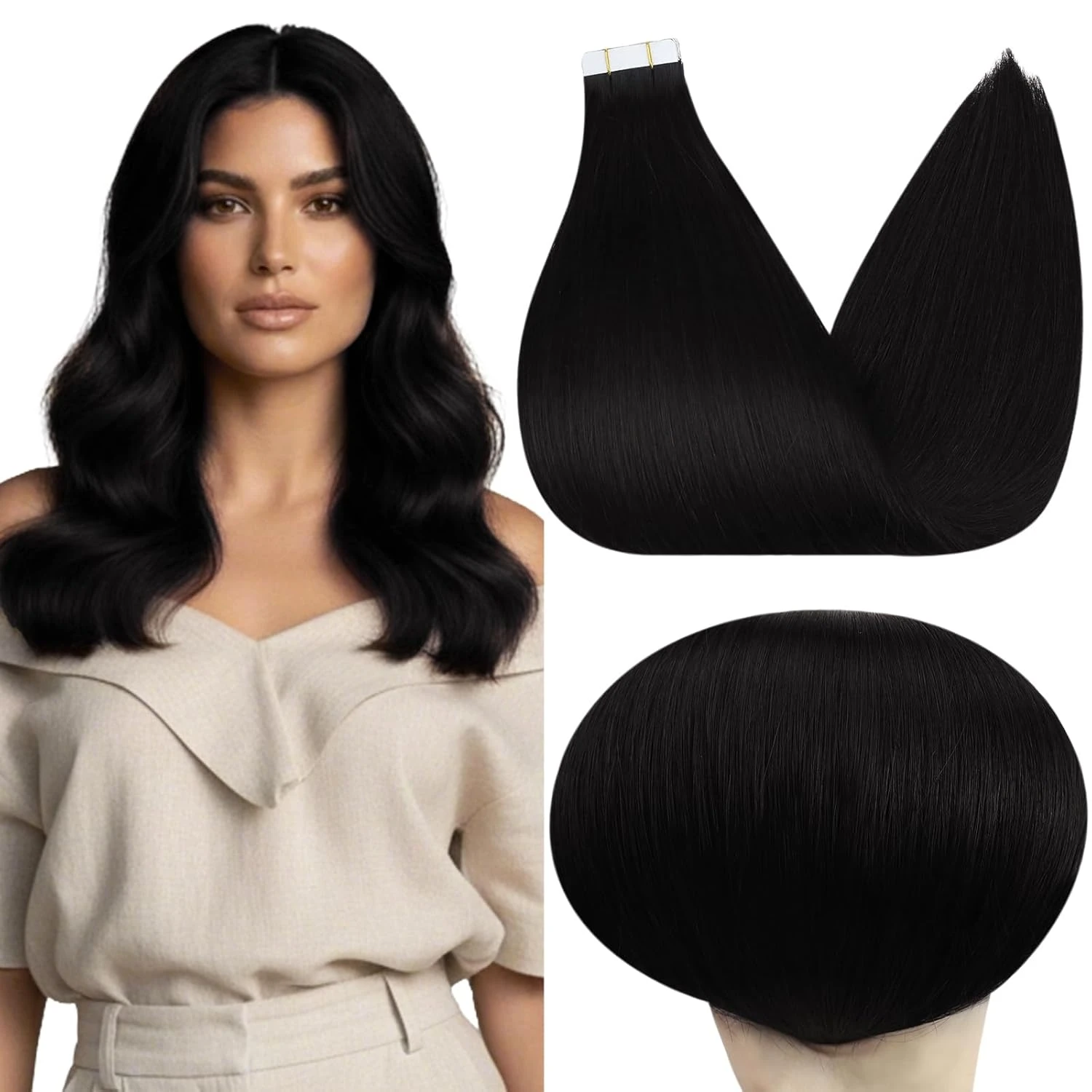 

Наращивание волос Full Shine Black Tape in Extensions: натуральные человеческие волосы Jet Black, мягкие, бесшовные, на ленточной основе (Skin Weft)