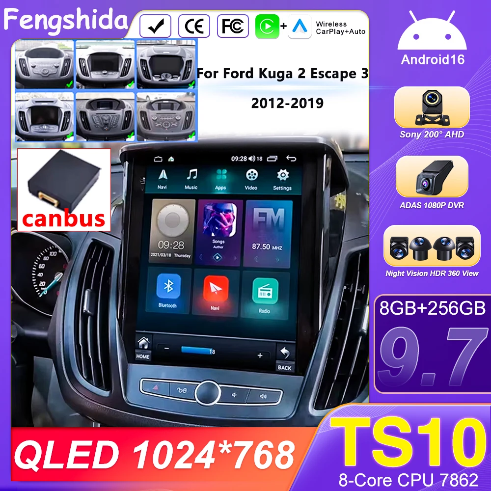 9.7 Inch Car Radio Auto radio For Ford Kuga 2 Escape 3 2012-2019 for Tesla Style Wireless Carplay Screen Android Auto Stereo GPS