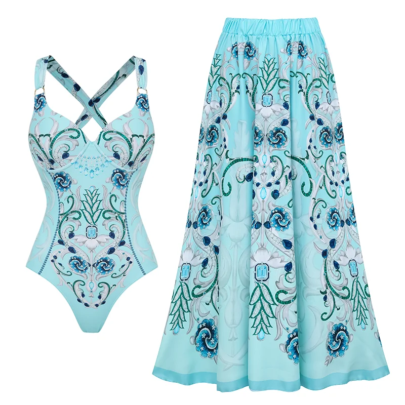 

2024 Women's two-piece swimsuit Bikini Set Blue Jewelry Print Swimwear Women Beachwear Bathing Suit