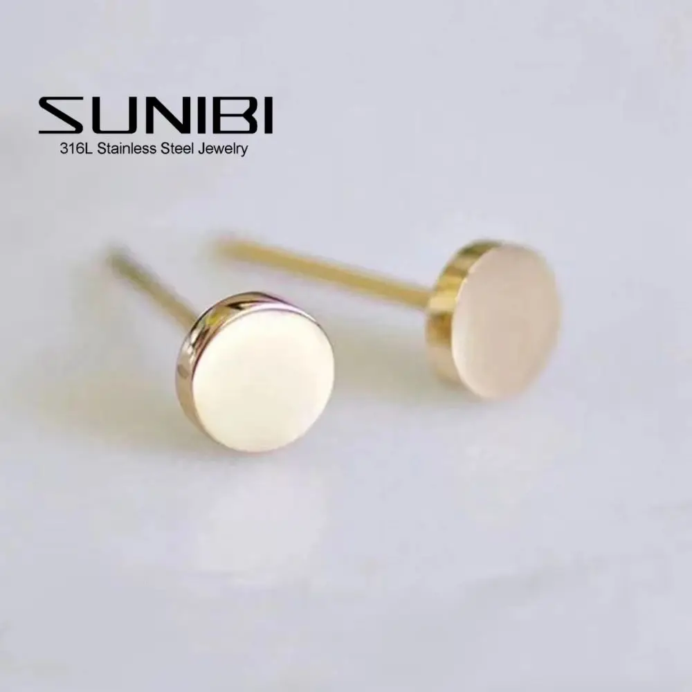 SUNIBI-pendientes de tuerca de acero inoxidable para mujer y niña, Mini pendientes redondos de Color dorado, joyería minimalista, venta al por mayor