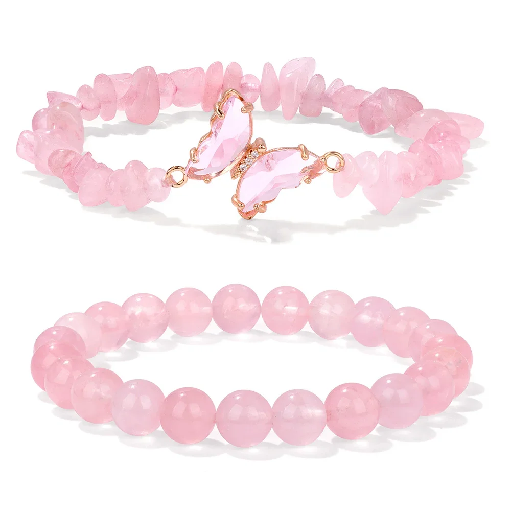 AliExpress vinswet 2pcs Rose Quartzs Beaded Bracelet Crystal Butterfly Charm Natural Stone Gravel Chip Round Beads Bracelets For Women Men Jewelry