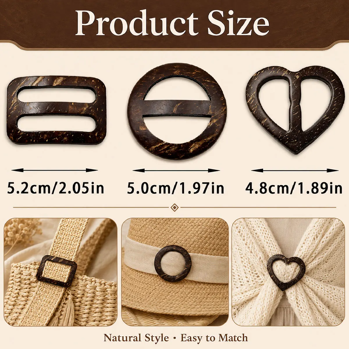 3PCS Coconut Shell Buckle Set, 3 Assorted Shapes for Bags, Belts, Clothing and DIY Sewing Crafts